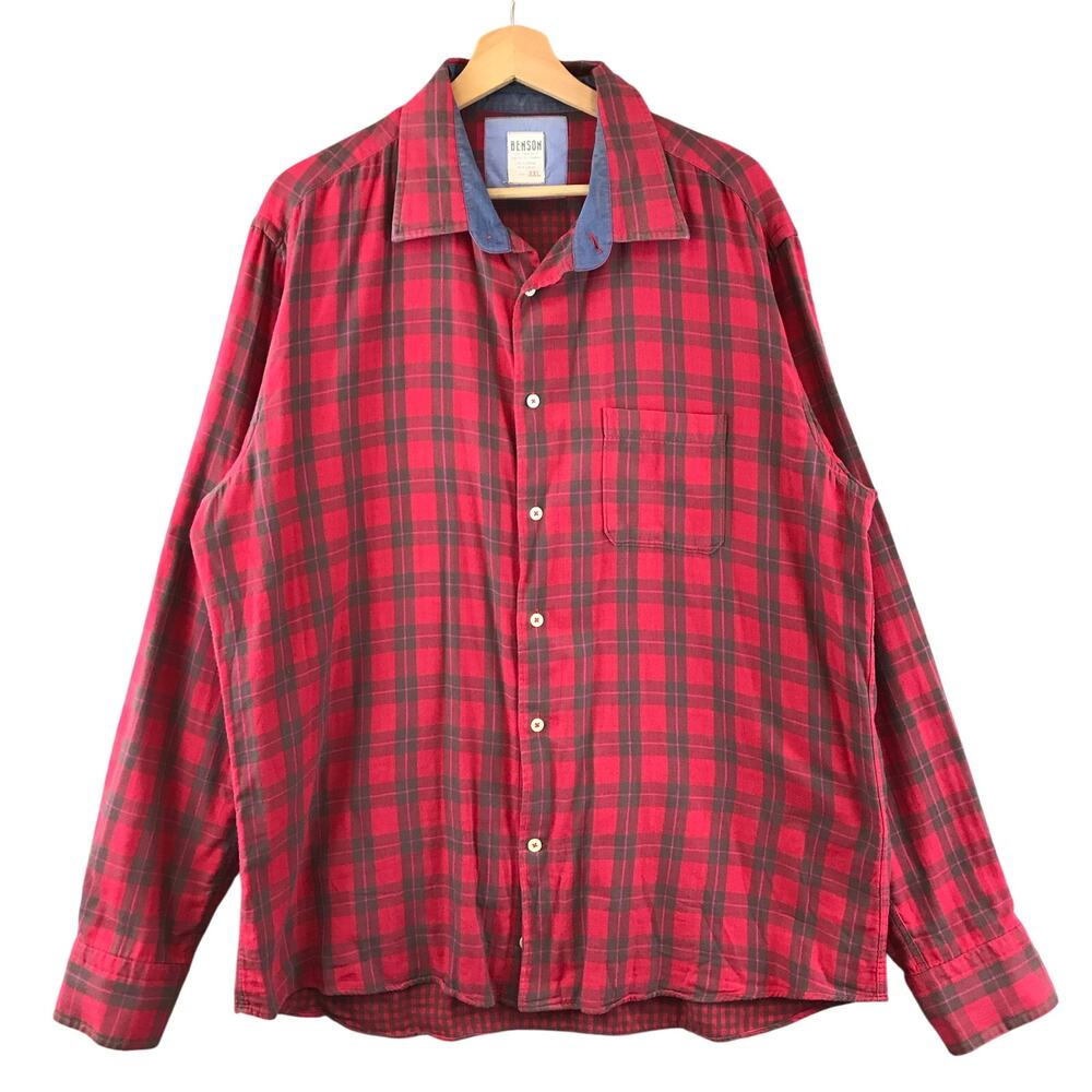 Benson Men's XXL Flannel Shirt red Plaid Long Sleeve Button‎ Down